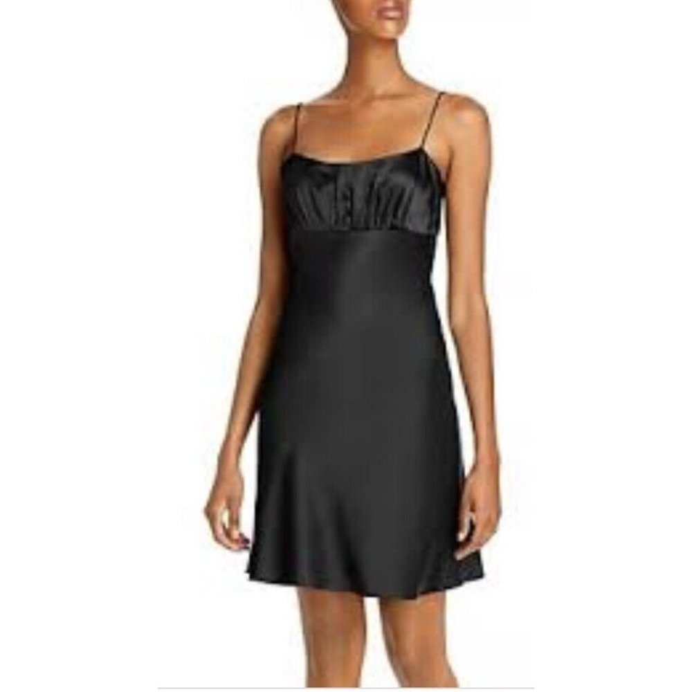 Aqua Womens Slip Dress Black‎ Stretch Scoop Neck Spaghetti Strap Ruched L New